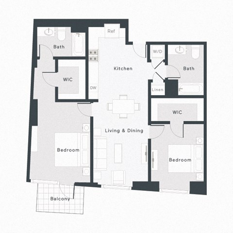 Floor plan for 2 beds, 2 baths, 1227 sqft